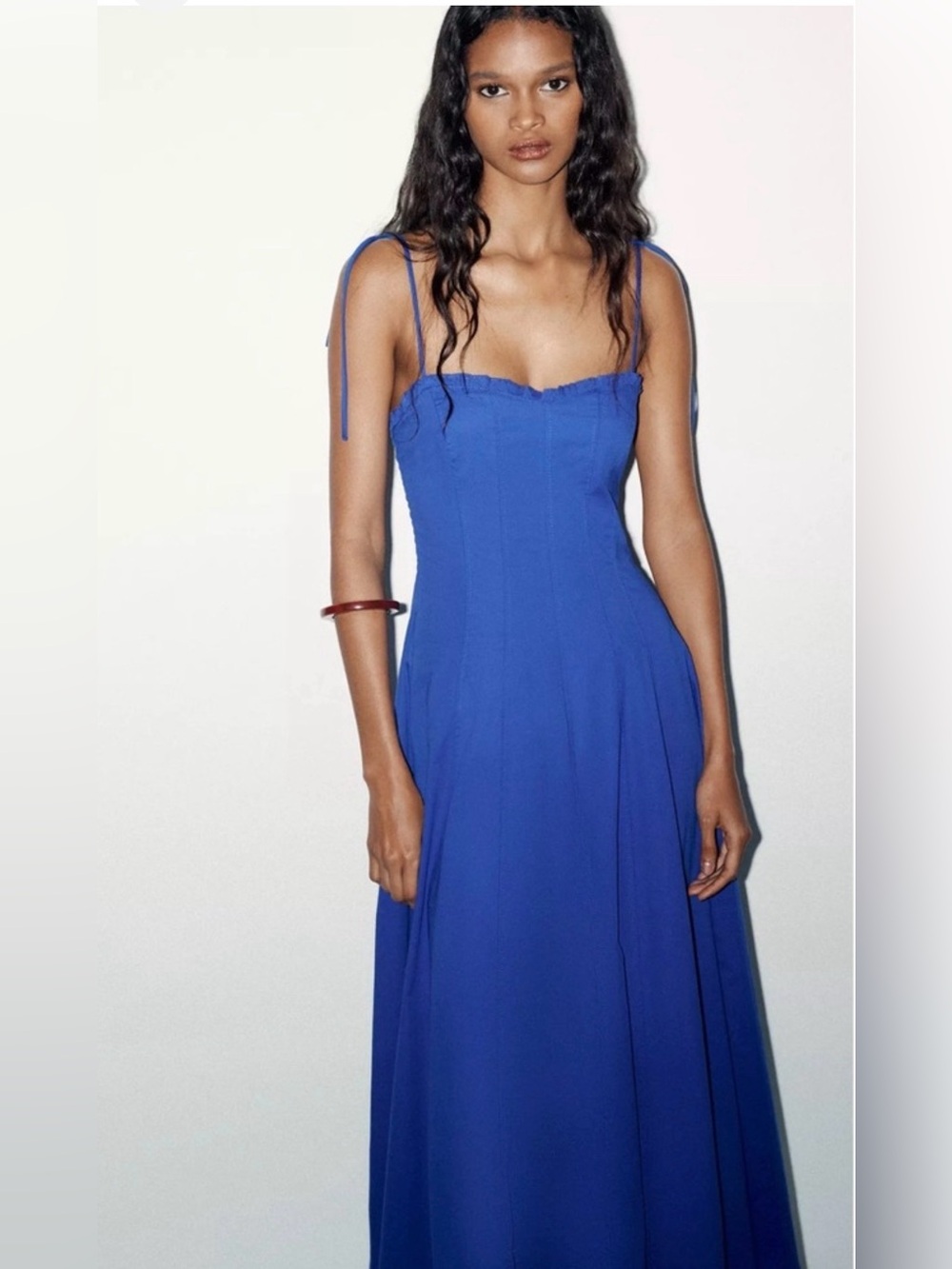 Zara Poplin Strappy Midi Dress V-Neck Ruffles Cornflower Blue Small NWT - Picture 2 of 16